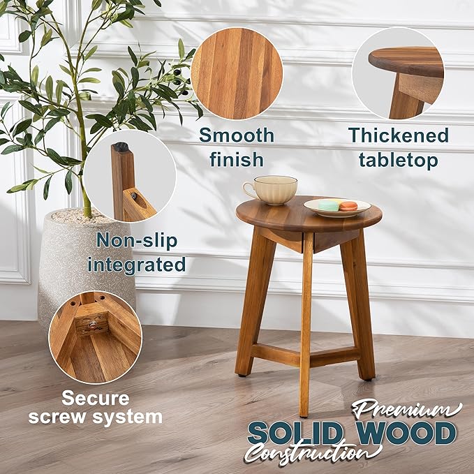 Round Side Table – Solid Acacia Wood End Table for Living Room or Bedroom – Natural Wood Finish, Compact Nightstand or Accent Table for Sofas & Beds (13x16x13 Inches)