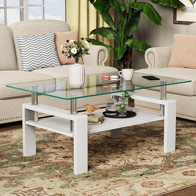Modern 2-Tier Coffee Table with Tempered Glass Top, MDF Shelf & Metal Legs, Rectangular Living Room Center Table, Sturdy & Stylish Table for Small Spaces, Lounge or Office