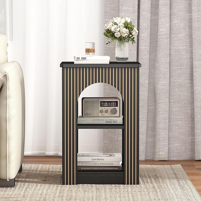 End Table Set of 2, Mid-Century Modern Side Table with 3-Tier Storage Shelves and Arched Carving Lines, Square Fluted Nightstand for Living Room, Bedroom, or Office (2, Black)