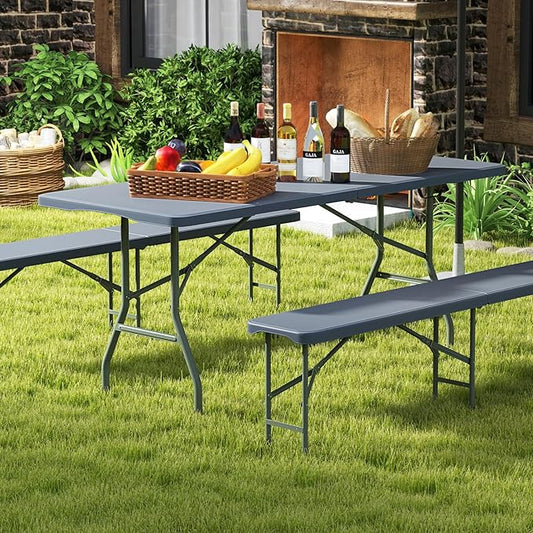 Goplus 6ft Plastic Folding Table, 350 LBS Outdoor Heavy Duty Folding Tables with HDPE Tabletop, Handle, Lock, Foldable Rectangle Portable Utility Card Table for Picnic, Party, Camping, Dining