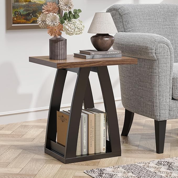 End Tables Living Room. Side Table Beside Sofa. Modern End Table for Living Room. Couch Side Table with Shelf. Black-Brown Wood Side Tables
