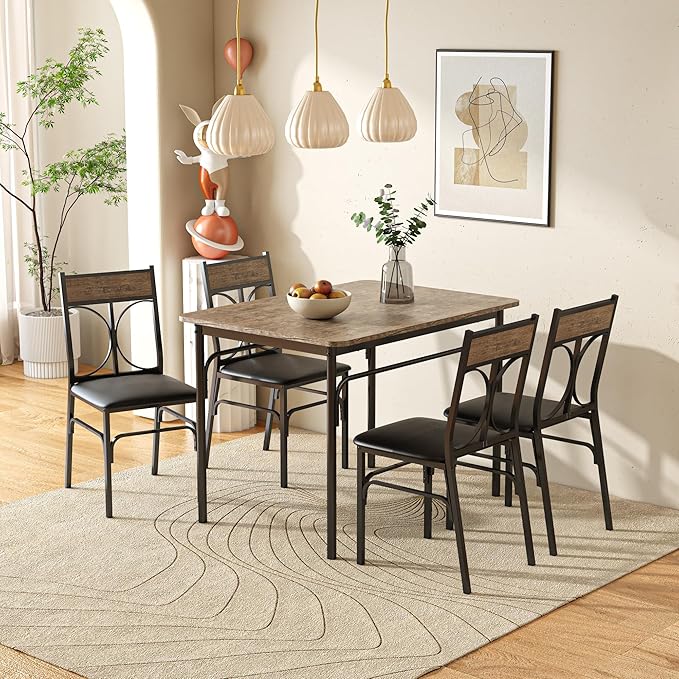 VECELO 5-Piece Dining Table Set for Home Kitchen Small Space Breakfast Nook, 4 Faux Leather Metal Frame Chairs,Rustic Brown,Set for 4