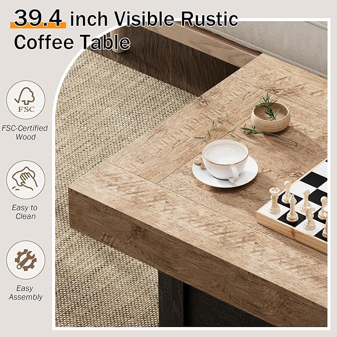 Coffee Table 39 in Rustic Center Table with X-Design Wooden Pedestal for Living Room, Space Saving, Rectangle Home Office Tea Accent Table for Apartment, Dark Oak Black