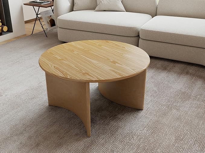 31.5" Mid Century Modern Coffee Table for Living Room, Round Table with Rubber Legs, Small Unique Cocktail Tea Table for Living Room Bedroom Apartment Small Space, Nutural