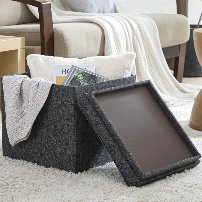 Ornavo Home Square Storage Ottoman Linen Foldable Tufted Cube Storage Foot Rest Stool/Seat with Table Top Lid, Coffee Table Ottoman - 15" x 15" x 15" (Black)
