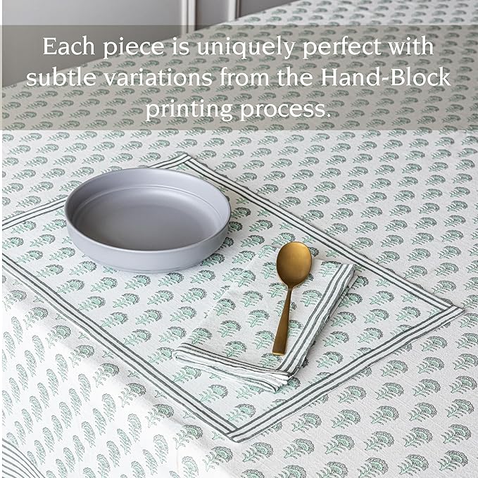 Over&Back Set of 4 Hand-Blocked Placemats - Colorful Dining Table Mat - Each Placemat is Unique - 100% Cotton - Machine Washable - Kitchen and Home Decor - Green Flower