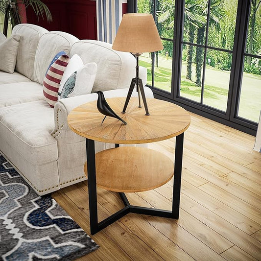 Round End Table with Storage Shelf, 25in Circel Accent Side Table with Metal Legs, 2-Tier Industrial Sofa Side Table for Living Room Bedroom, Oak