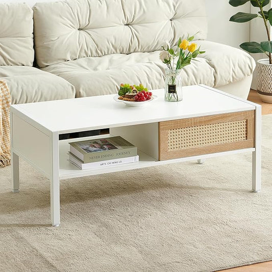 IANIYA 40.16" Boho Coffee Table, Rectangle Wooden Accent Center Tables, Living Room Table with Sliding PE Rattan & Solid Metal Legs for Living Room, Apartment Small Space (White Metal)