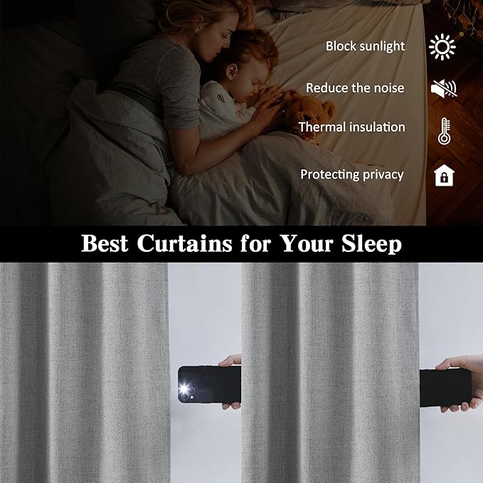 RAIN CITY Grey Linen Curtains 84 Inches Long,100% Blackout Room Darkening Textured Curtains for Bedroom Living Room Thermal Back Tab Rod Pocket Curtains 2 Panels with Hooks 50 x 84