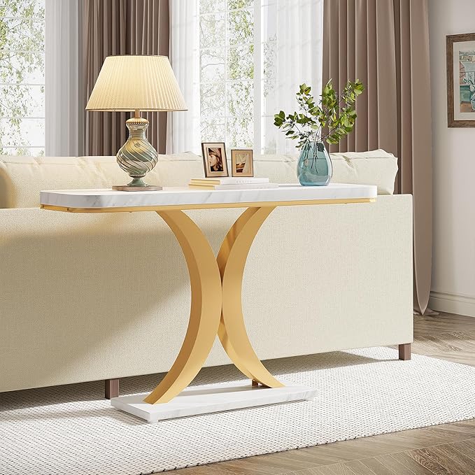 LITTLE TREE Narrow Entryway Console Table, Small, White+Gold
