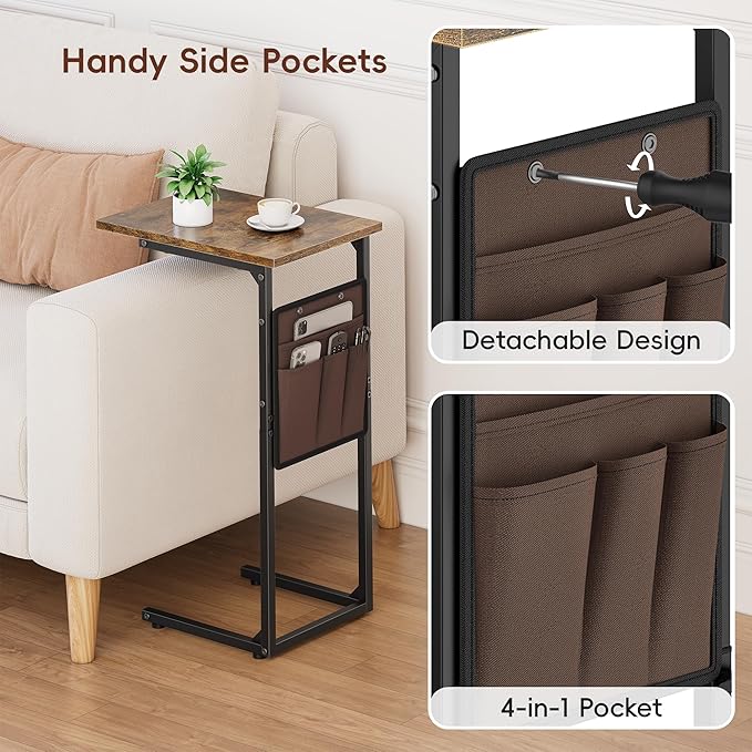Vagusicc C Shaped End Table, Small Side Table for Couch, Tall Couch Side Table C Table for Small Space, TV Tray Slide Under Sofa Snack Table with Metal Frame for Living Room, Bedroom, Bedside, Brown