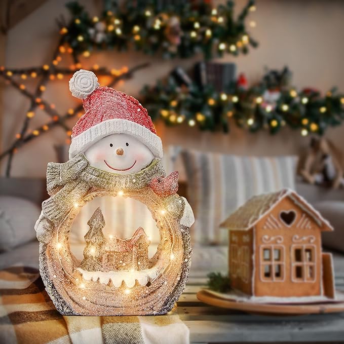 Snowman Statue with LED Lights for Christmas Decorations,Holiday Decor Figurine for Shelf Bookshelf Desk Fireplace Home Decor Accents,Indoor Winter Frosty Battery Operated 6h Timer