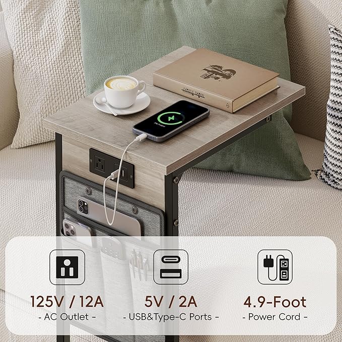 Vagusicc C Shaped End Table with Charging Station, Tall Side Table for Couch, Small Couch Side Table Recliner Tables, Slide Under Sofa Table TV Tray Arm Tables for Living Room, Bedroom, Bedside, Gray