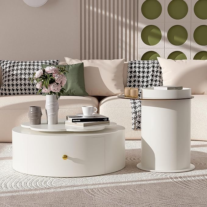 27.5" Modern Round Swivel Coffee Table Set of 2, 360° Rotating Flower-Shaped Center Table with 2 Drawers & Side Tables,MDF Frame Glass Top End Tables for Living Room,Milky White