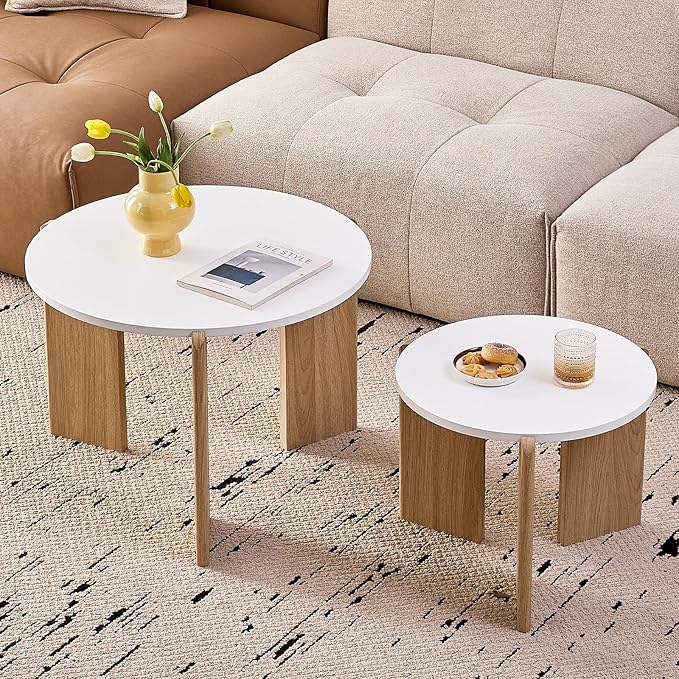 Round Nesting Coffee Tables Set of 2 for Living Room [Interchangeable Height] φ27.6 + φ19.7 Mid Century Modern Circle Side Tables for Bedroom Office Studio Apartment