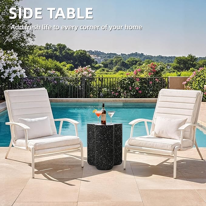 18” Outdoor Side Table, Durable Lightweight MGO Faux Terrazzo Patio Accent Table, Outdoor Modern Coffee Table, 3-in-1 Weatherproof End Table Garden Stool for Garden, Balcony,Poolside,Black