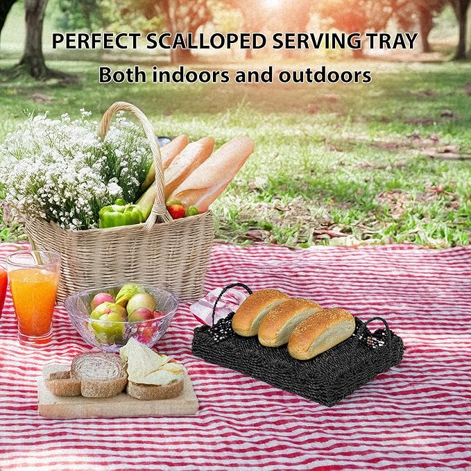 14" Handmade Wicker Tray with Scalloped Edge, Seagrass Basket with Handles, Decorative Boho Accent for Coffee Table or Ottoman, Holiday Serving