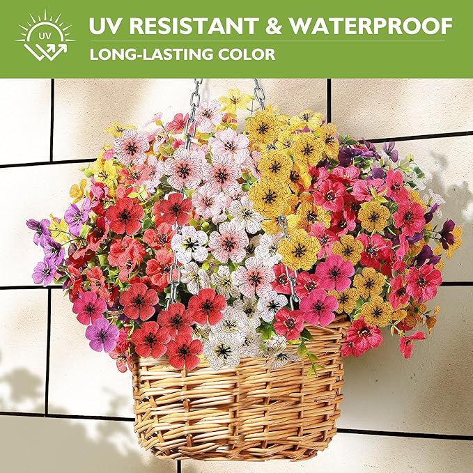 14 Bundles Artificial Flowers UV Resistant for Patio Outdoors Fake Faux Silk Plants Realistic Plastic Flowers Indoors Porch Window Home Decoration (14, Mixed Fuchsia Yellow Pink White)