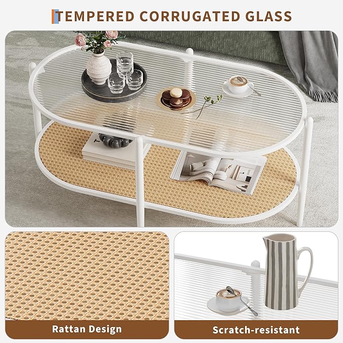 Boho Rattan Coffee Table with Glass Top, 2-Tier Oval Center Table with Metal Frame & Storage Shelf, Rustic Farmhouse Living Room Accent Tea Table for Apartment, Bedroom, Office White