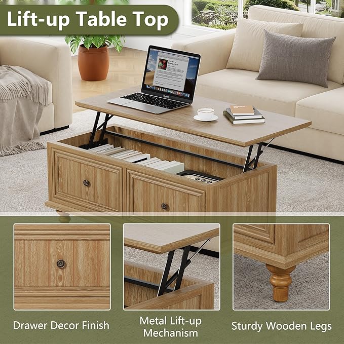 Lift Top Coffee Table for Hidden Compartment, 39" Wood Rectangular Center Table with Lift Tabletop, Sturdy Space-Saving Dining Table for Living Room Home Office Small Space (Natural)