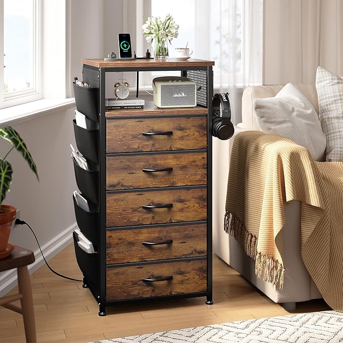 EnHomee Tall Night Stand with 5 Drawers, LED Nightstand with Ports & Outlets, Bedside Table with Extra Side Bag & Storage Shelf & Hooks, Bedroom, Dorm, Closet