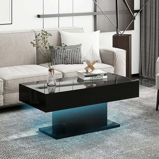 Led Coffee Table for Living Room, Living Room Table Rectangular Center Table, Modern High Glossy Wooden Coffee Tables with 16 Colors LED Lights for Dining Reception Room, Black