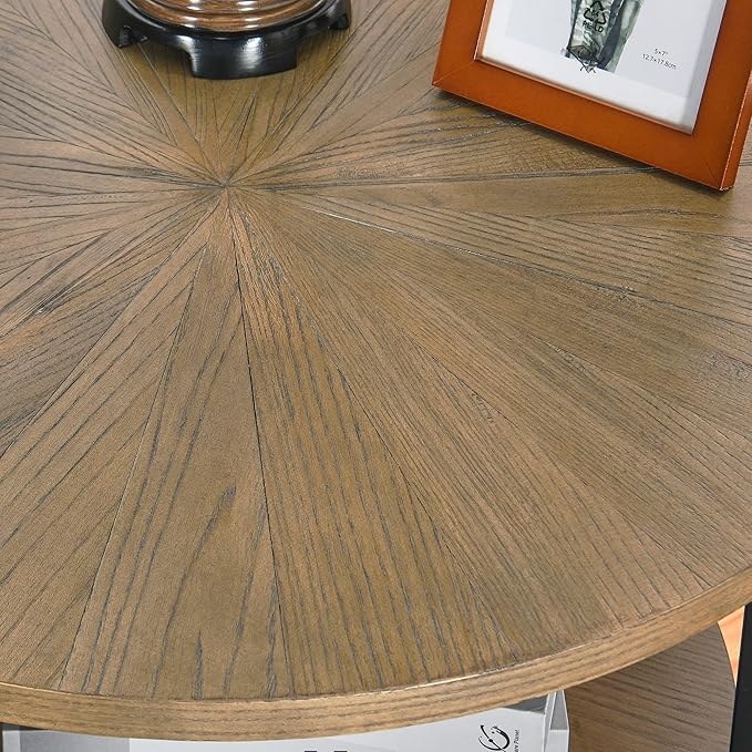 Round End Table with Storage Shelf, 25in Circel Accent Side Table with Metal Legs, 2-Tier Industrial Sofa Side Table for Living Room Bedroom, Yellowish Brown