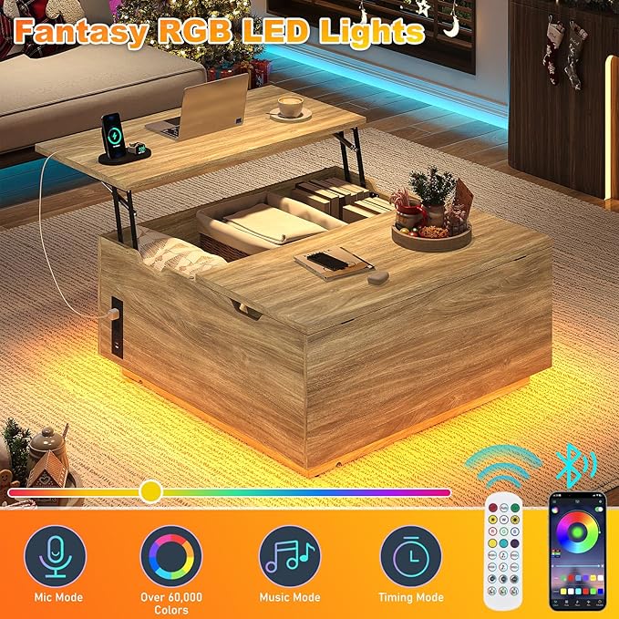 36" Lift Top Coffee Table with Storage, Wood Square Coffee Table with LED Lights and Charging Station, Multi-Function Living Room Center Table with Large Hidden Space, Oak