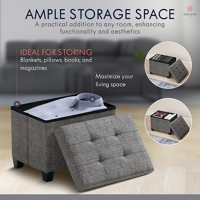 Ornavo Home Storage Ottoman Small Rectangle Ottoman with Legs, Foot Rest Stool Seat, Load up to 600 LB, for Living Room, Bedroom, Home Office, Dorm - 12 x 16 x 12, Dark Gray
