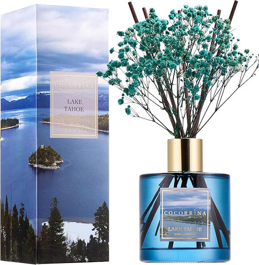 COCORRÍNA Reed Diffuser - Lake Tahoe 6.7 Fl.oz Reed Diffuser Set with 8 Sticks & Preserved Baby's Breath, Reed Diffuser for Home Bathroom Shelf Decor