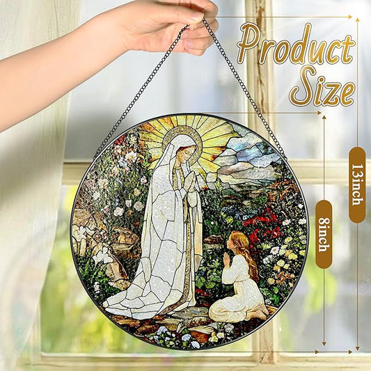 8 Inch Lady of Lourdes Stained Glass Suncatcher, Stained Glass Window Hanging, Virgin Mary Religious Window Hanging, Gift for Mothers Day, Catholic Home Decor, Faith Gift for Christian, Religious Gift