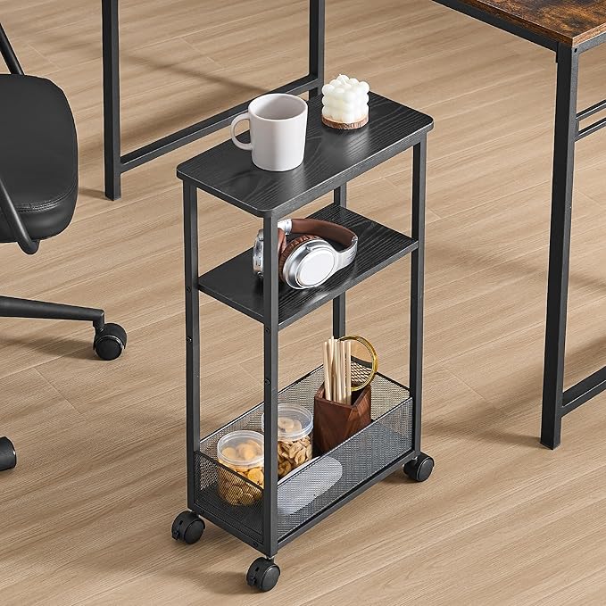 Side Table with Wheels of 2, Narrow Side Table with 3-Layer Storage Shelves, Slim Nightstand, Metal Frame, for Small Spaces, Living Room, Bedroom, 7.9" W x 15.7" D x 25.2" H, Black
