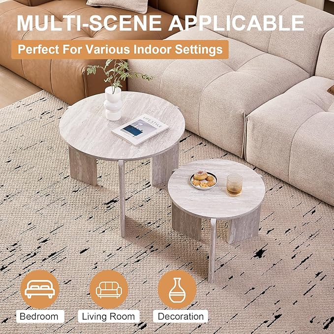 Round Nesting Coffee Tables Set of 2 for Living Room [Interchangeable Height] φ27.6 + φ19.7 Mid Century Modern Circle Side Tables for Bedroom Office Studio Apartment