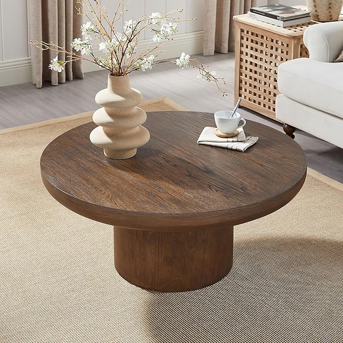 36" Round Coffee Table with Cylindrical Leg,Farmhouse Accent Side Table, Sturdy MDF Construction,Mid-Century Modern Wood Veneer Center Table for Living Room, Apartment,Office (Dark Brown)