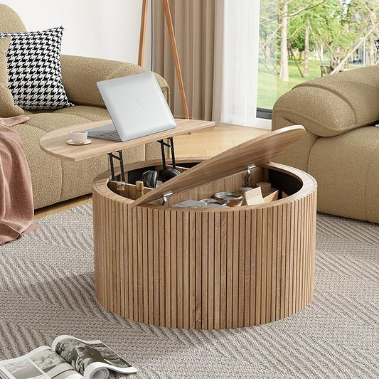 Round Fluted Lift Top Coffee Table, Mid Century Modern Center Table with Storage and Compartment, 2 Tier Small Circle Dining Table, for Living Room, Home Small Space, Natural