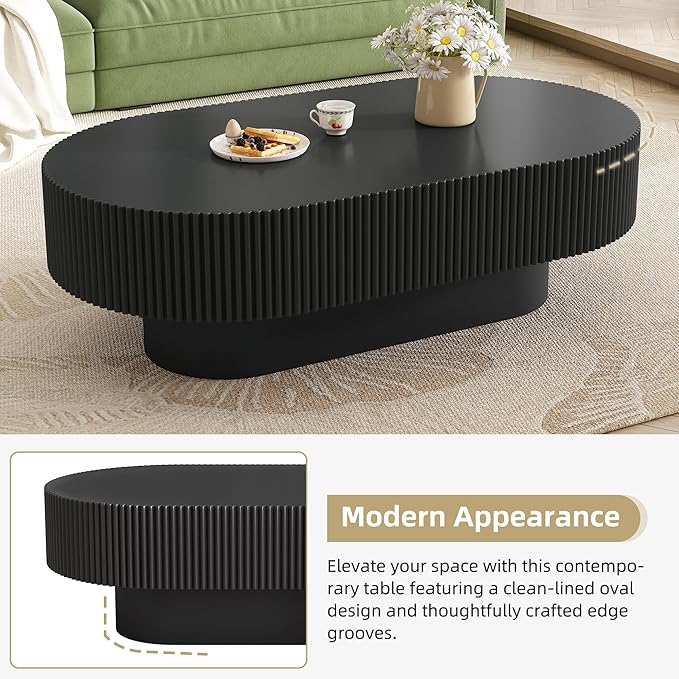 43.3" Oval Fluted Coffee Table, Modern Wood Pedestal Coffee Table, Black Fluted Tea Center Table with Thick Tabletop & Sturdy Pedestal for Living Room Apartment- Easy Assembly