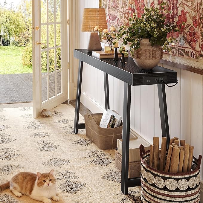 Huuger Entryway Console Table with Charging Station, USB-C Port, 47.2 Inch Sofa Table with Metal Legs, Entry Hallway Table with Thicker Desktop, Modern Behind Couch Table, Black