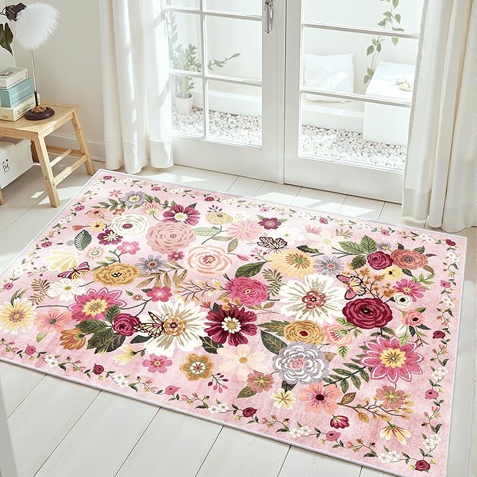 Pink Floral Rug for Entryway, 2X3 Washable Kitchen Mat Ultra-Thin Soft, Non-Slip Indoor Door Carpet Stain Resistant Boho Small Low-Pile Throw for Bathroom Bedroom (2 x 3, Pink Garden)