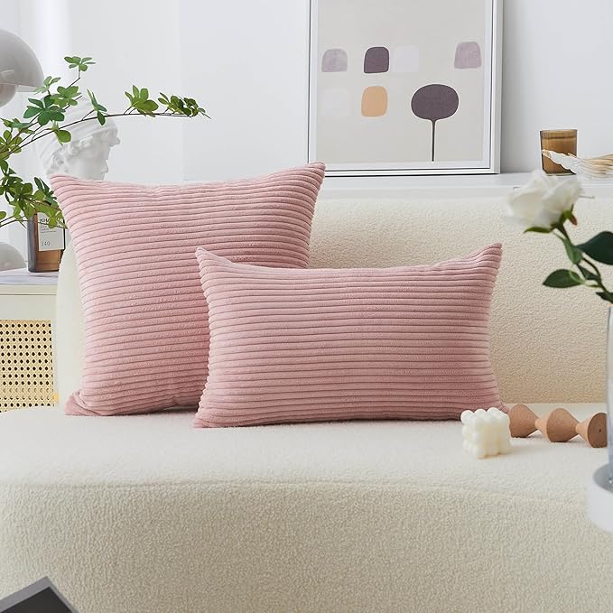 Home Brilliant Pillow Covers 20x20 Decorative Soft Velvet Corduroy Striped Square Throw Pillow Pack of 2 Cushion Cover for Bench, 50 x 50 cm, 20 x 20 Inch, Baby Pink
