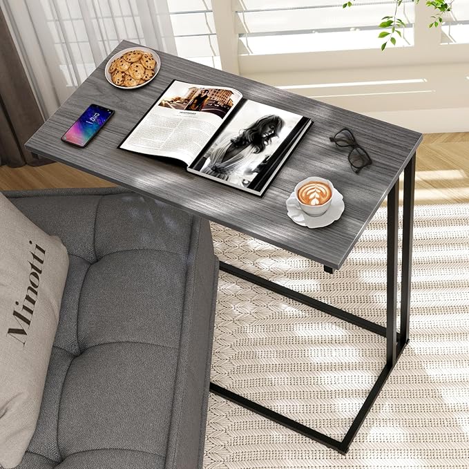 C-Shaped Side Table, Modern End Table with Metal Frame, Space Saving Design for Living Room，Large Surface Couch Table for Bedroom, and Home Office，24 x 12 x 24 inches (Grey)