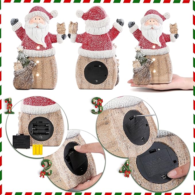 Santa Claus Statue with LED Lights for Christmas Decorations, Winter Holiday Decor for Shelf Bookshelf Fireplace Mantle Indoor Home, Christmas New Year Xmas Figurine