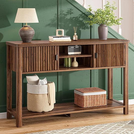 Fluted Console Table with 2 Door Cabinets, Modern Entryway Table with 3 Open Storage Shelves, Narrow Behind Couch Sofa Table for Living Room, Hallway, Foyer, 45.7" W×13.8" D×33.5" H, Walnut Brown