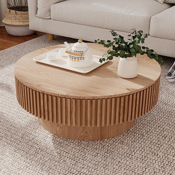 31.5 Inch Round Drum Coffee Table with Storage, Modern Handcraft Fluted Drum Coffee Table, Wooden Round Coffee Table Center Table with Sturdy Pedestal for Living Room Apartment (Natural)