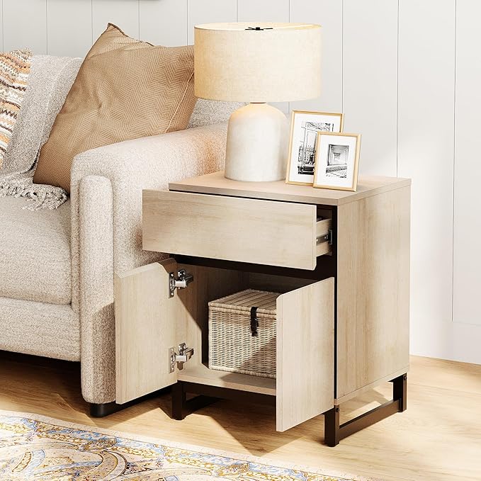 WAMPAT Modern End Table with 2 Open Door, Farmhouse Sofa Table with 1 Drawer and 1 Storage Cabinet, Wood Rustic Side End Table for Living Room, Nighstand for Bedroom, Light Oak