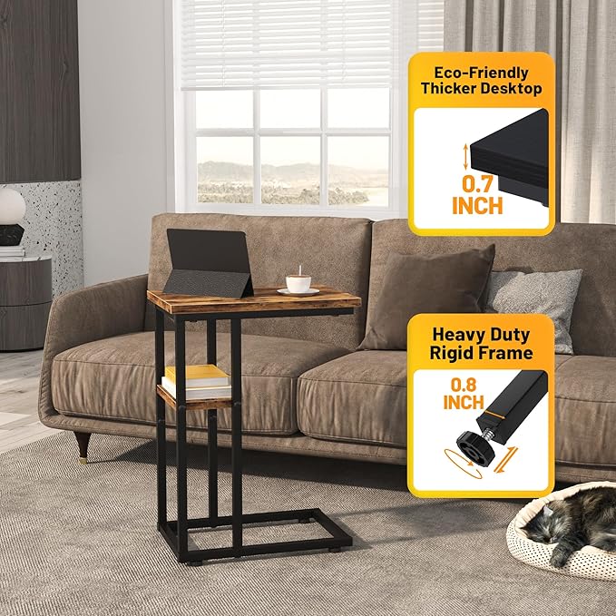 C Shaped End Table with Metal Frame, 2 Tier Sturdy C Table Side Table for Couch Sofa Bedside Small Space, C Snack Table TV Tray Record Player Stand Small Tables for Living Room Bedroom, Rustic Brown
