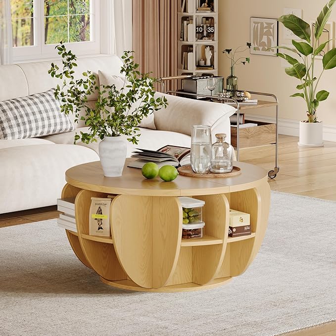 32.7" Lift Top Coffee Table with Storage, Wood Round Center Table with Hidden Storage Compartment & Shelves, Mid Century Modern Coffee Tables for Living Room Rustic Accent Small Center Table Natural