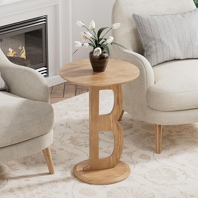 Aoligrace Round Side Table, Modern End Table with Letter B Leg, Wooden Accent Table for Couch Small Coffee Tables Nightstand for Small Spaces Living Room Bedroom