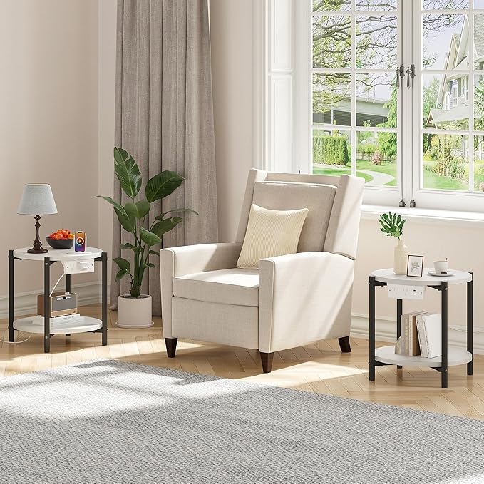 LIKIMIO Round End Tables, Set of 2, 16" W Small Round Side Tables with Charging Station, 2-Tier Modern Nightstands for Small Spaces, Living Room, Bedroom, White