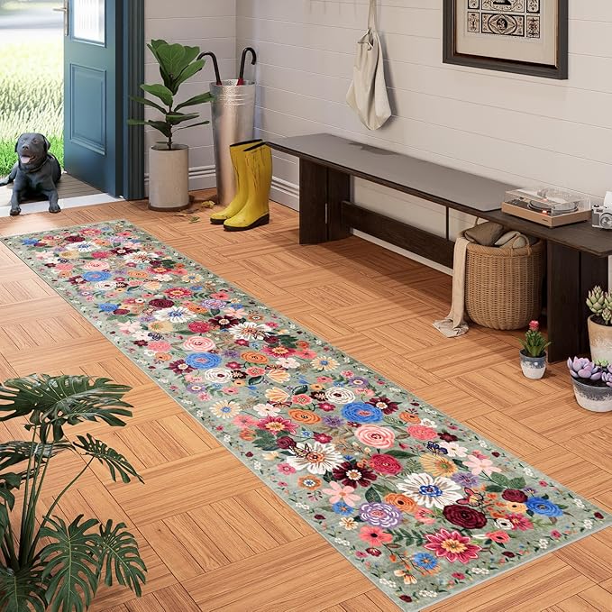 Floral Hallway Runner Green Carpet Non-Slip, 2x10 Washable Rug Ultra-Thin Soft for Hallways, Kitchen Mat Stain Resistant for Entryway Bathroom (2 x 10, Green Garden)