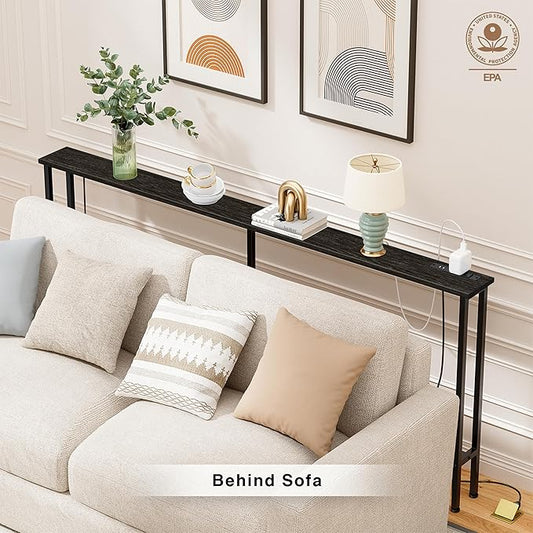 63" Sofa Table Narrow Long - 2 Power Outlets & 4 USB Ports, Metal Frame,Behind Couch Table Behind Sofa for Living Room, Hallway, Entrance- Easy Assembly, 4.9' Extension Cord Included.